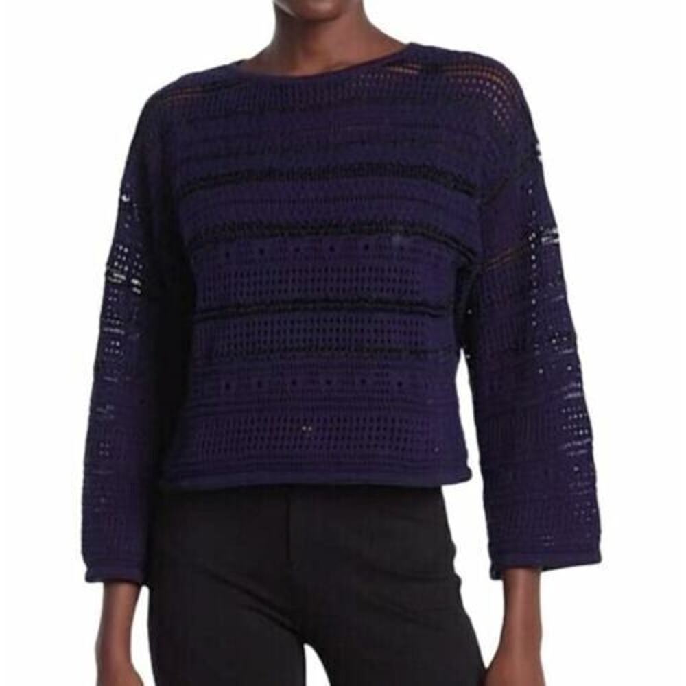 Ceny Women's Crochet Crop Open Knit Wide Sleeve Pullover Navy‎ Small MSRP $58